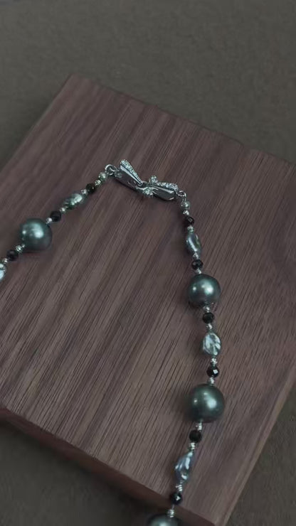 S925 Silver - Grey Tahitian Keshi Pearl Necklace | 3–4mm & 9–9.5mm AAA Grade | 43cm