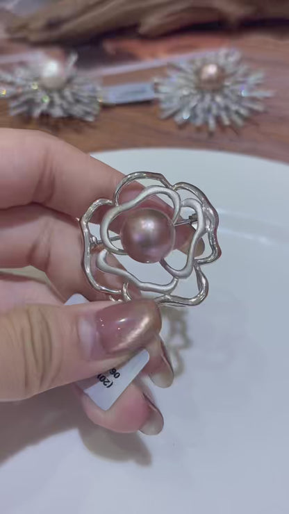 S925 Silver - Freshwater Edison Pearl Rose Brooch | 12–13mm AAA Grade