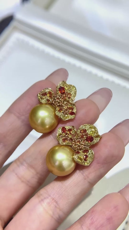 18K Gold & Natural Diamond - South Sea Golden Pearl Stud Earrings | 13–14mm AAAA Grade