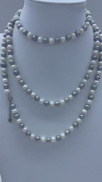 S925 Silver - White & Grey Freshwater Pearl Necklace | 6–7mm AAA Grade