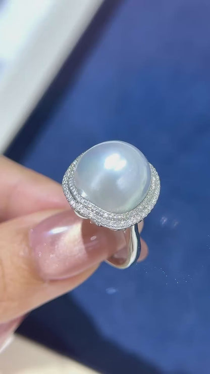 18K White Gold & Natural Diamond - South Sea Baroque Pearl Ring | 14.9 × 14.4mm AAA Grade