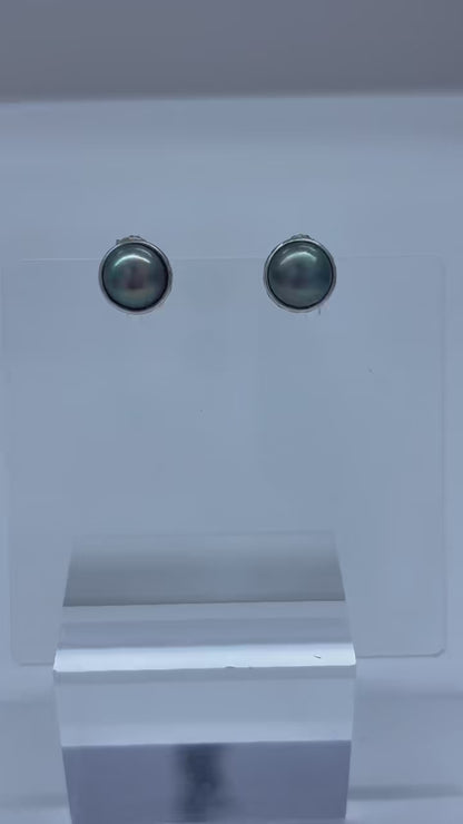 S925 Silver - Grey-Green Tahitian Pearl Earrings | 8–9mm AAA Grade
