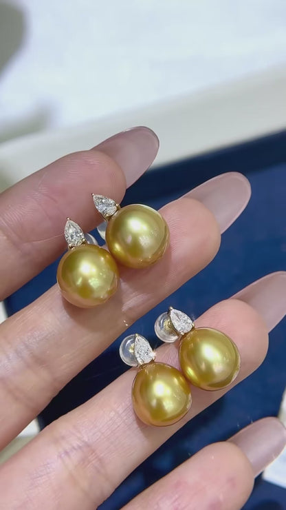 18K Gold & Lab-Grown Diamond - South Sea Golden Pearl Drop Earrings | 10–12mm AAAA Grade