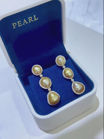18K Gold & Natural Diamond - South Sea Golden Keshi Pearl Earrings | 8–10mm AAAA Grade