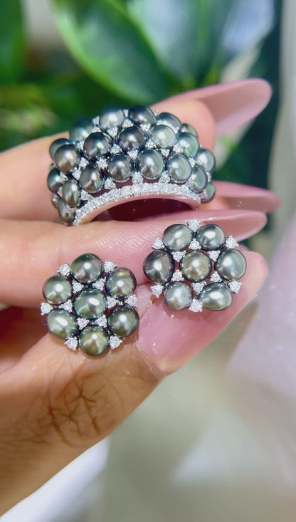 18K White Gold Tahitian Keshi Pearl Diamond Jewelry Set