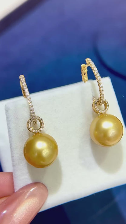 18K Gold & Natural Diamond - South Sea Golden Pearl Convertible Hoop Earrings | 13–14mm AAAA Grade
